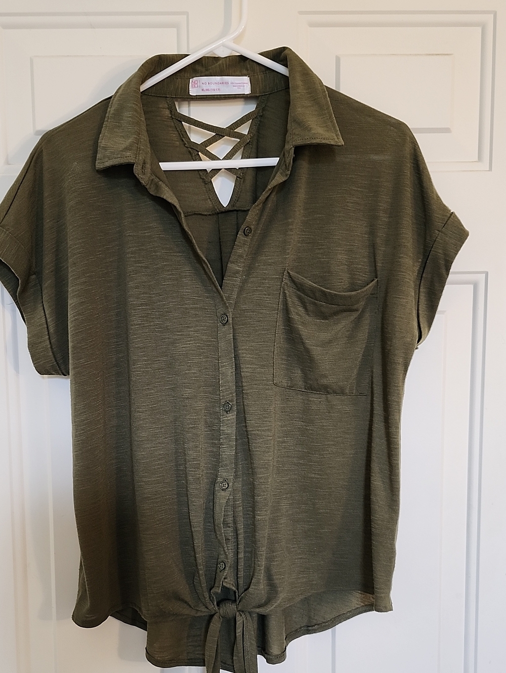 No Boundaries Olive Button-Down Shirt with Tie Front and Crisscross Back